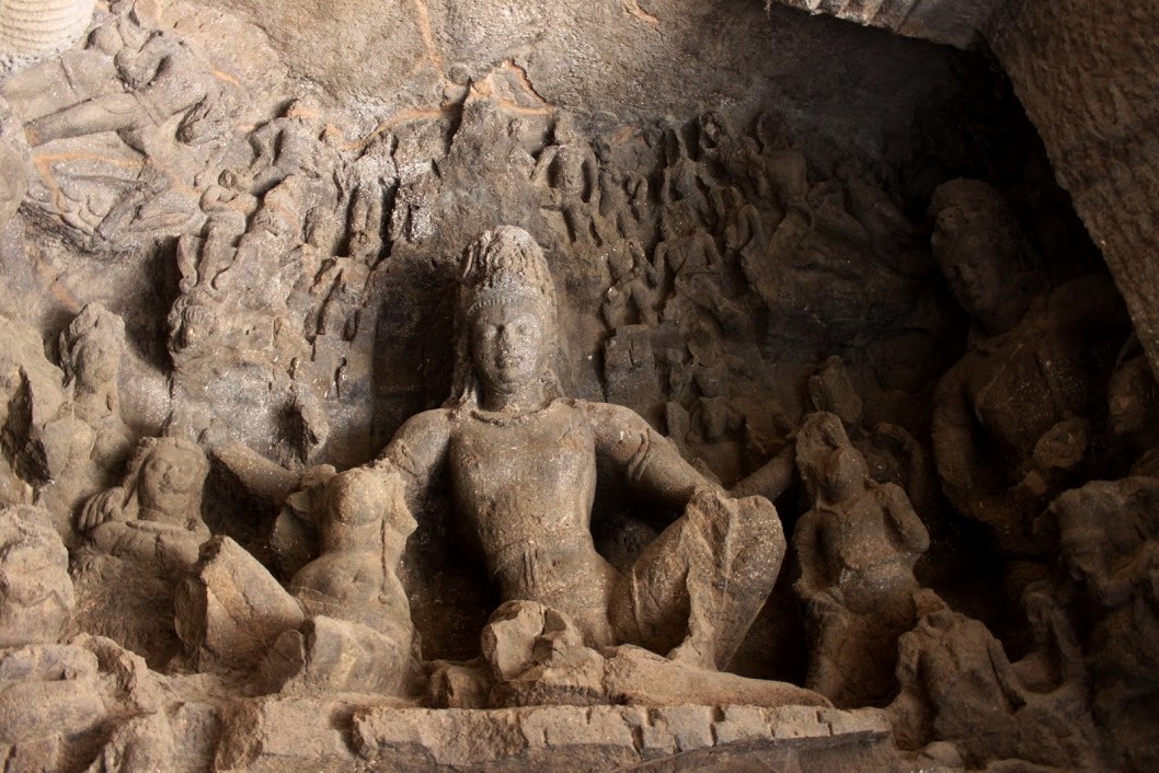 The rock-cut Trimurti sculpture inside the Elephanta Caves on Gharapuri Island near Mumbai